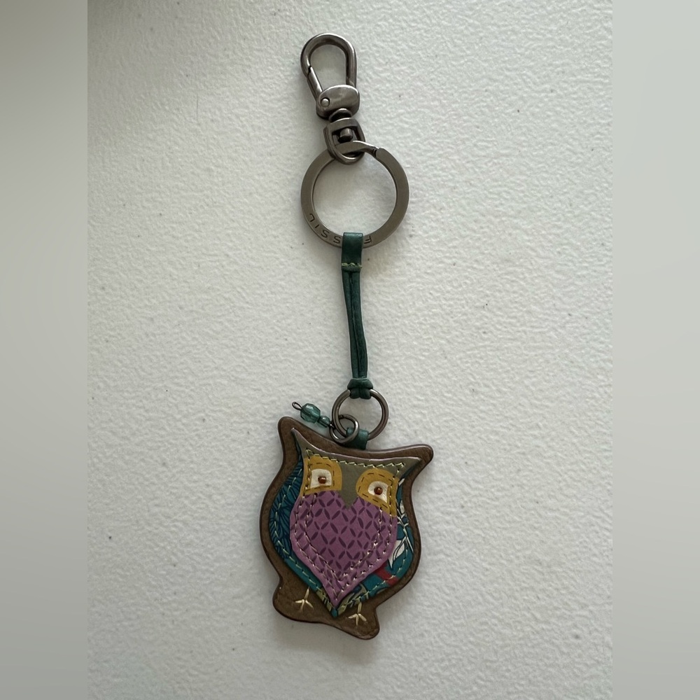 Fossil Owl leather Keychain with Purple and Green Accents